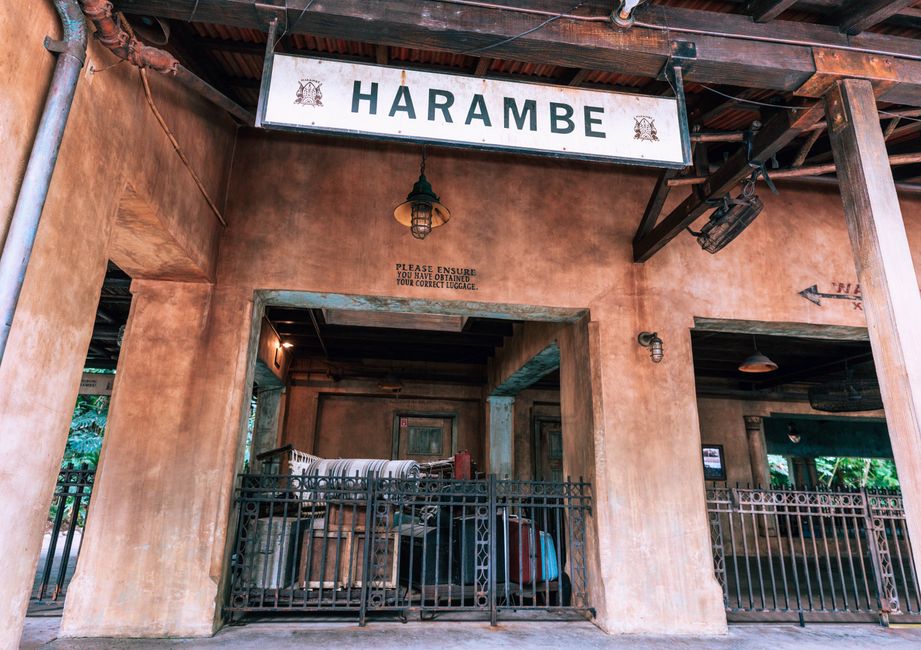 Entrance to Harambe with a rustic theme park design in Bay Lake, Florida, USA.
