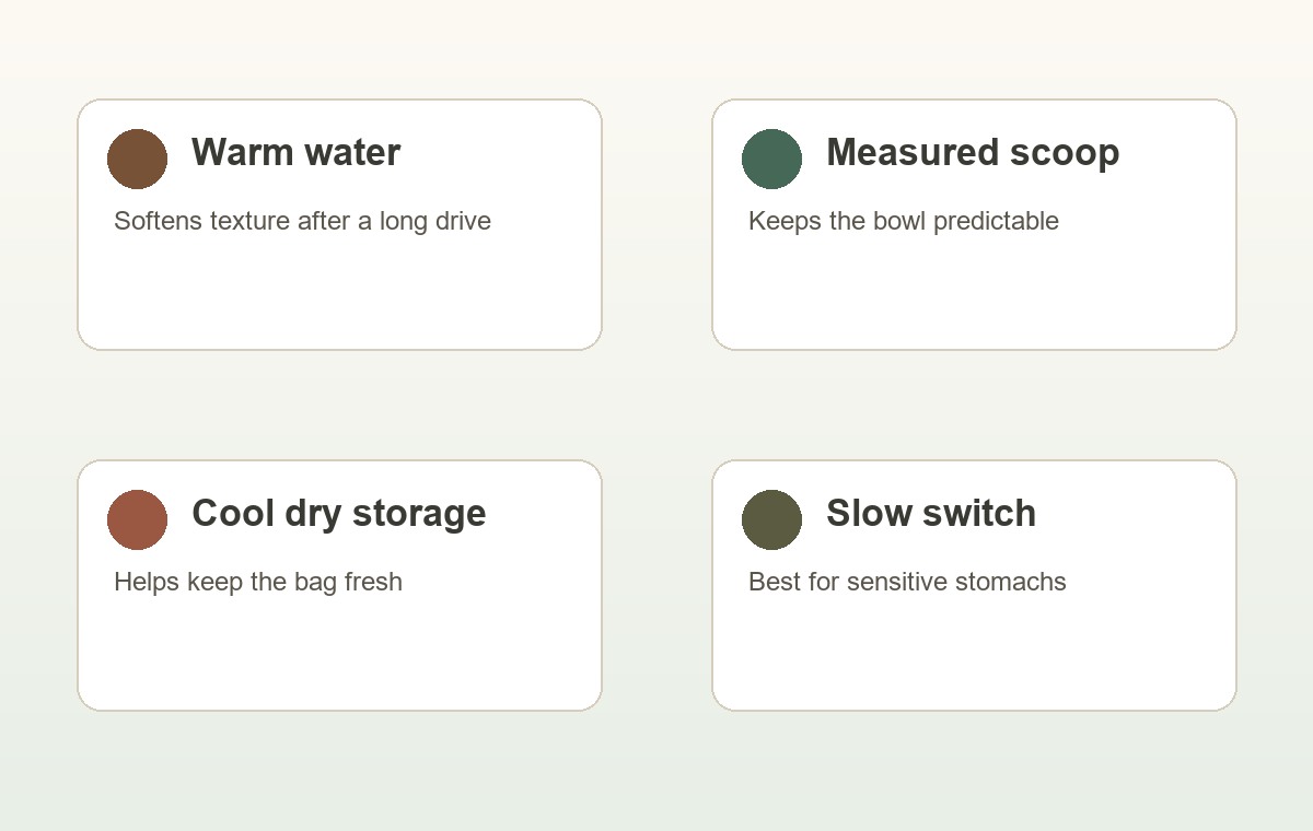 Four-part dog travel feeding checklist for warm water measured scoop and storage