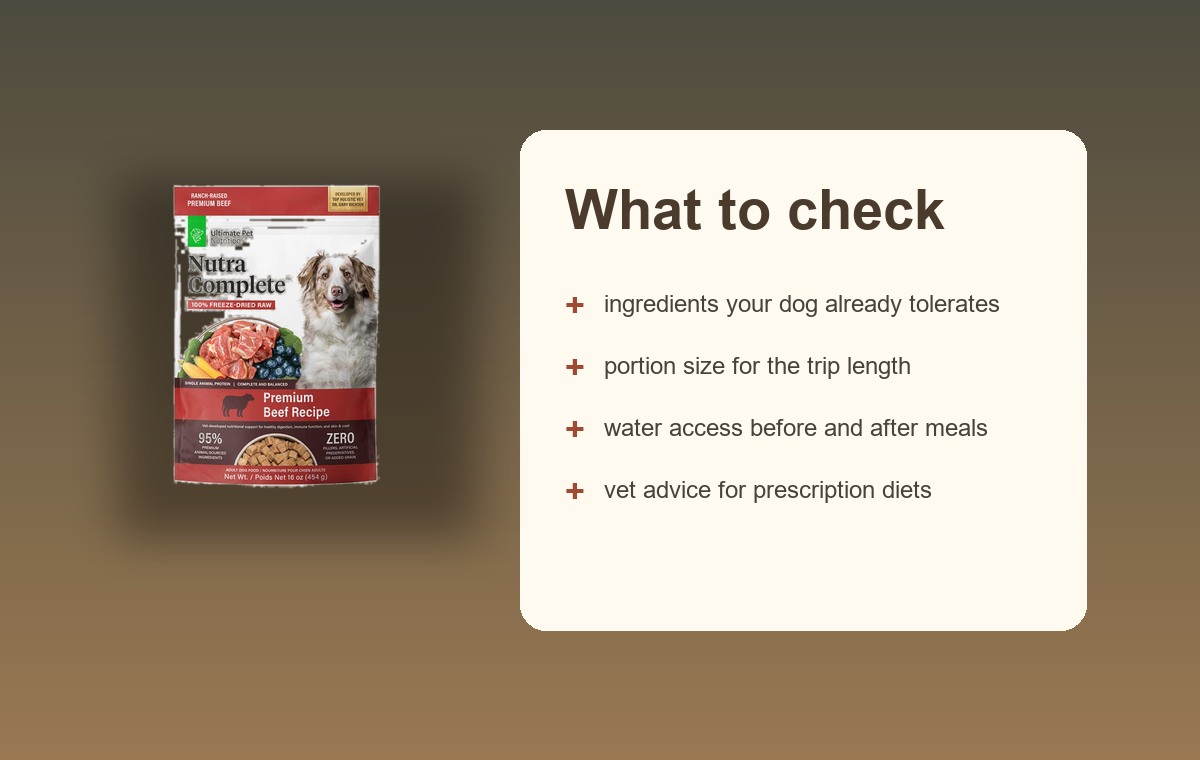 Product and checklist graphic for checking dog food suitability before travel