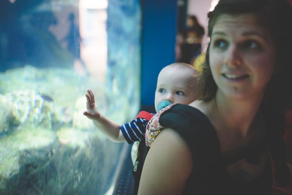 A mother carries her baby with a pacifier at the aquarium, bonding and learning together.