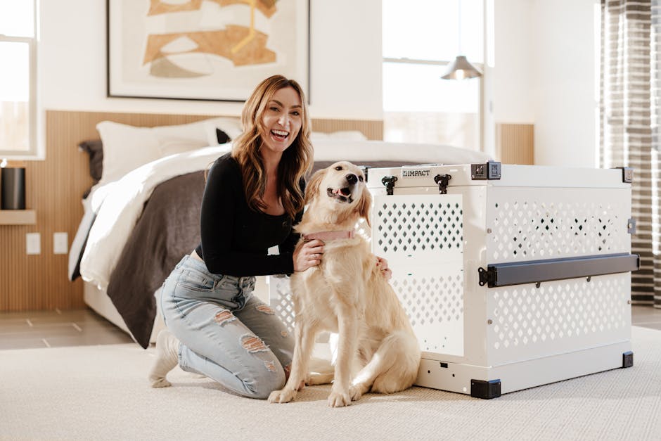 Smiling woman with a golden retriever in a modern bedroom featuring a premium dog crate.